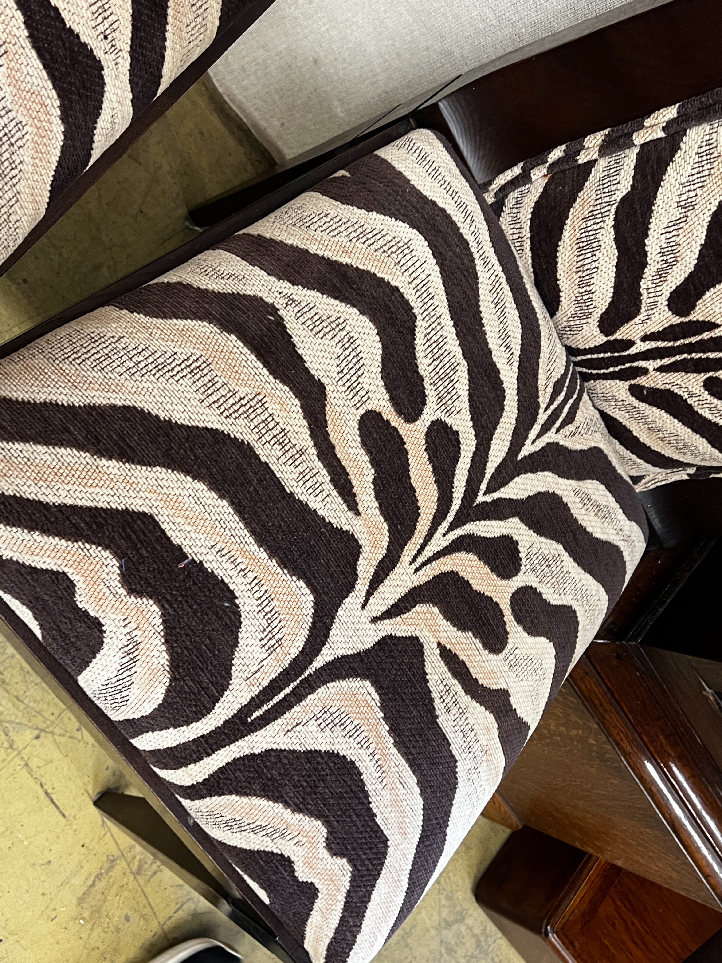 A pair of contemporary Mariner of Valencia zebra print fabric upolsterey side chairs